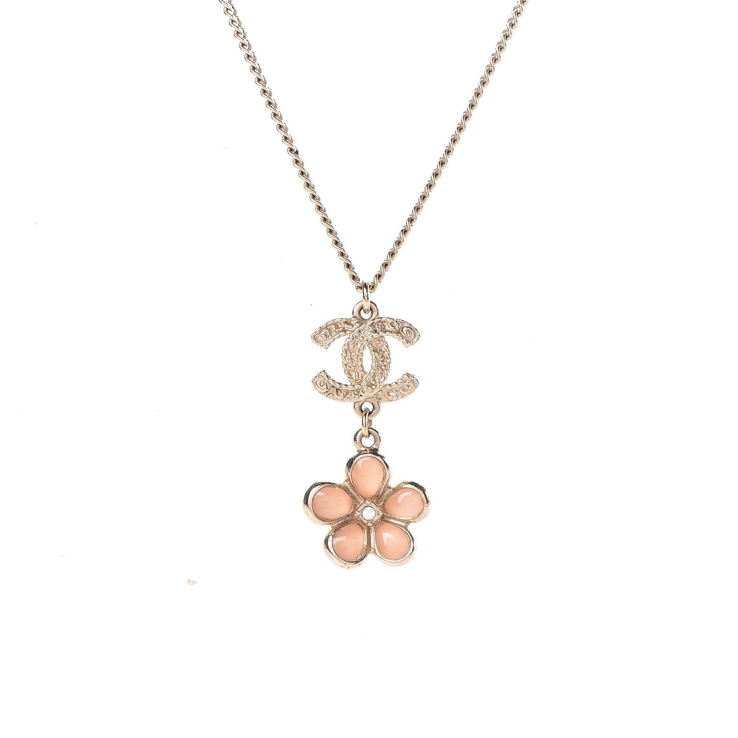 Enamel Crystal CC Camellia Pendant Necklace Beige Gold