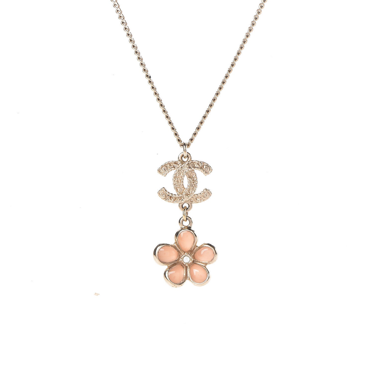 Chanel Enamel Crystal CC Camellia Pendant Necklace Beige Gold 5 of 6