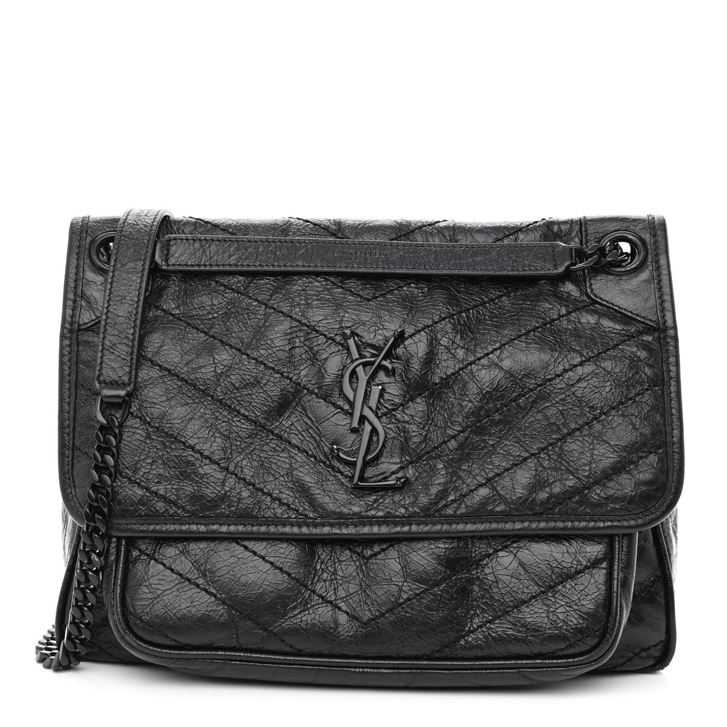 Crinkled Calfskin Matelasse Monogram Medium Niki Chain Satchel Black