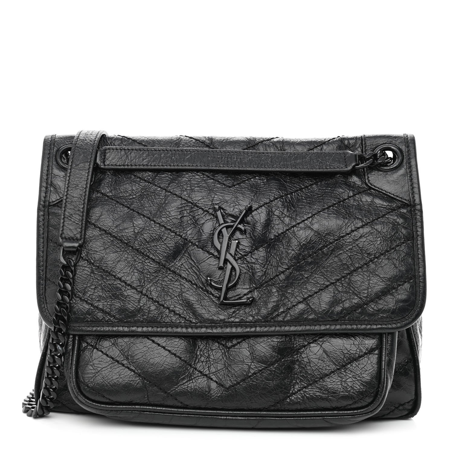 Saint Laurent Crinkled Calfskin Matelasse Monogram Medium Niki Chain Satchel Black 1 of 14