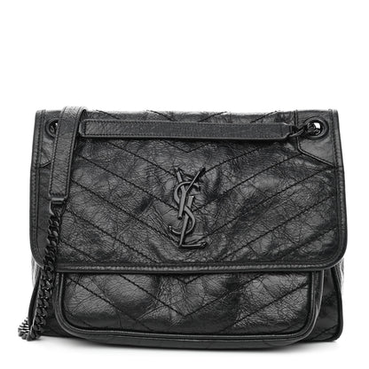 Saint Laurent Crinkled Calfskin Matelasse Monogram Medium Niki Chain Satchel Black 1 of 14