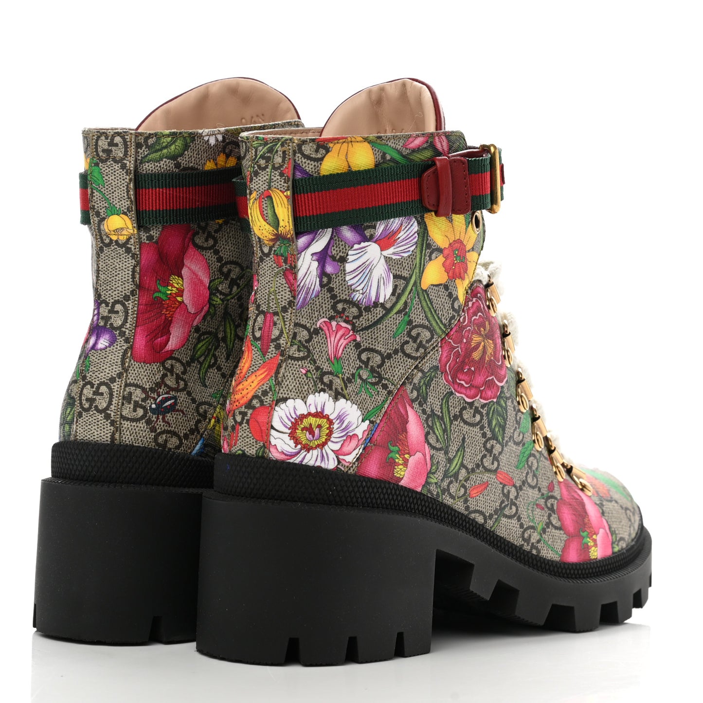 GG Supreme Monogram Flora Lace Up Combat Ankle Boots 37.5 Beige Multicolor Red