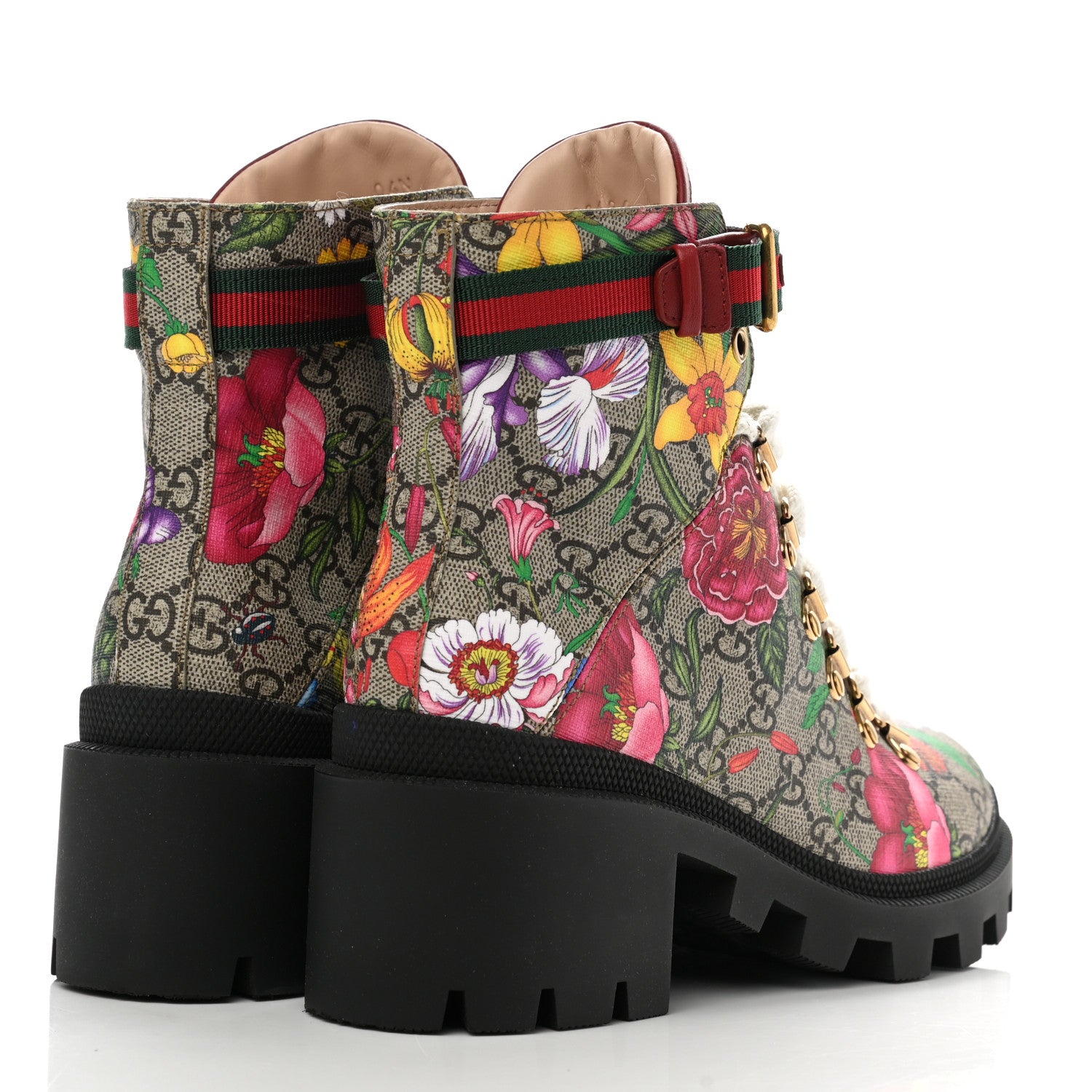 Gucci GG Supreme Monogram Flora Lace Up Combat Ankle Boots 37.5 Beige Multicolor Red 4 of 8
