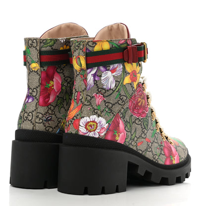 Gucci GG Supreme Monogram Flora Lace Up Combat Ankle Boots 37.5 Beige Multicolor Red 4 of 8