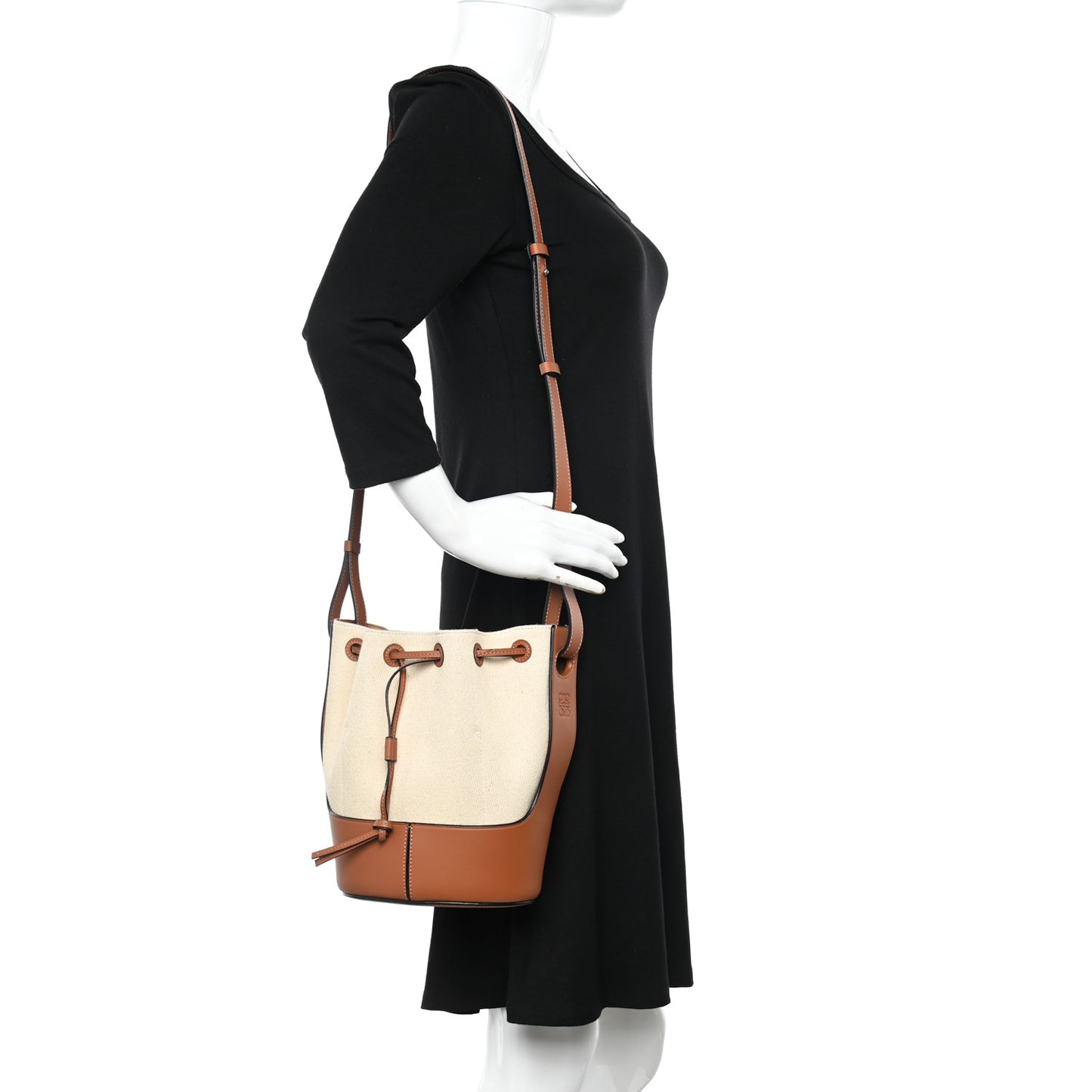 Canvas Calfskin Balloon Bucket Bag Ecru Tan