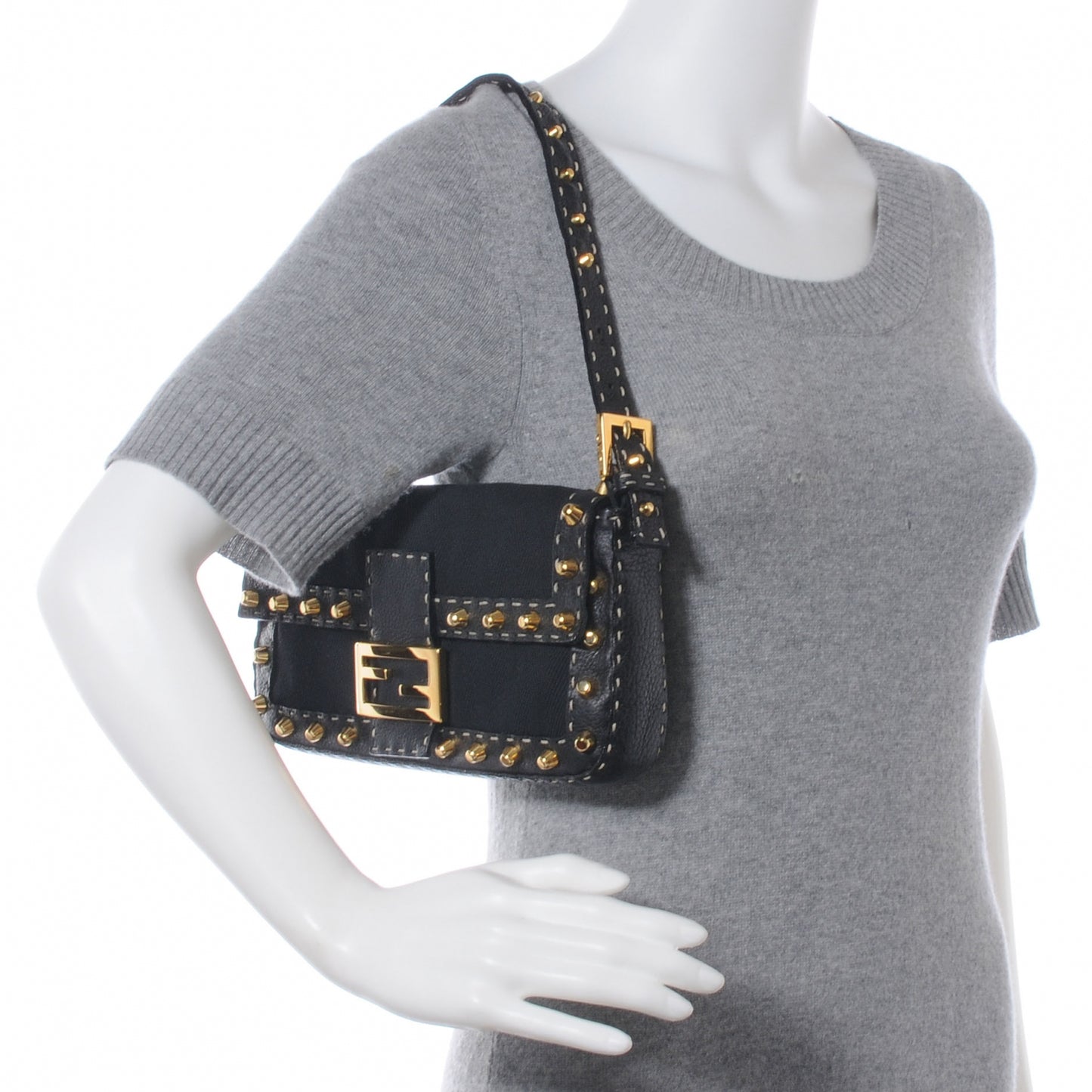 Canvas Calfskin Romano Selleria Studded Baguette Black