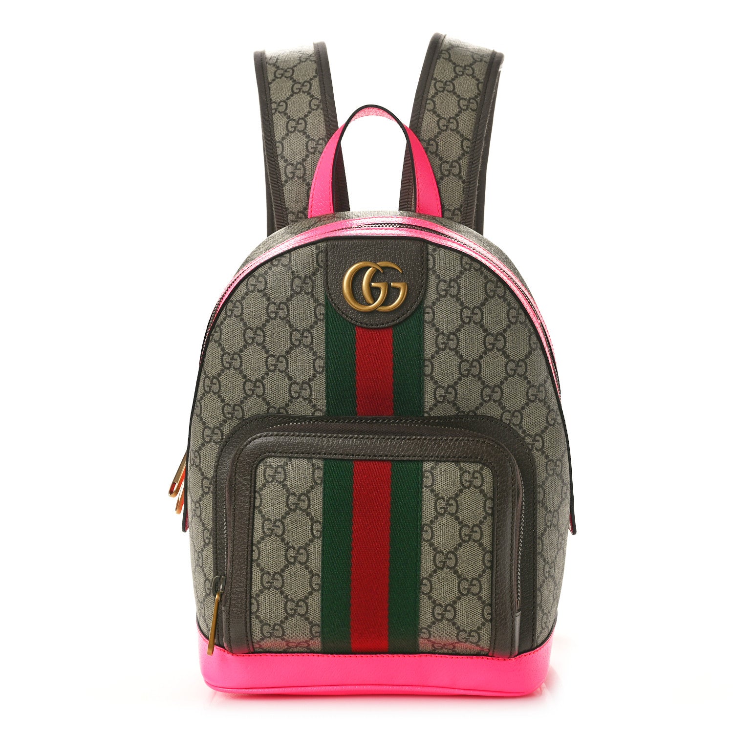 Gucci GG Supreme Monogram Textured Dollar Calfskin Web Small Ophidia Day Backpack Beige Ebony Fluorescent Fuchsia 1 of 10