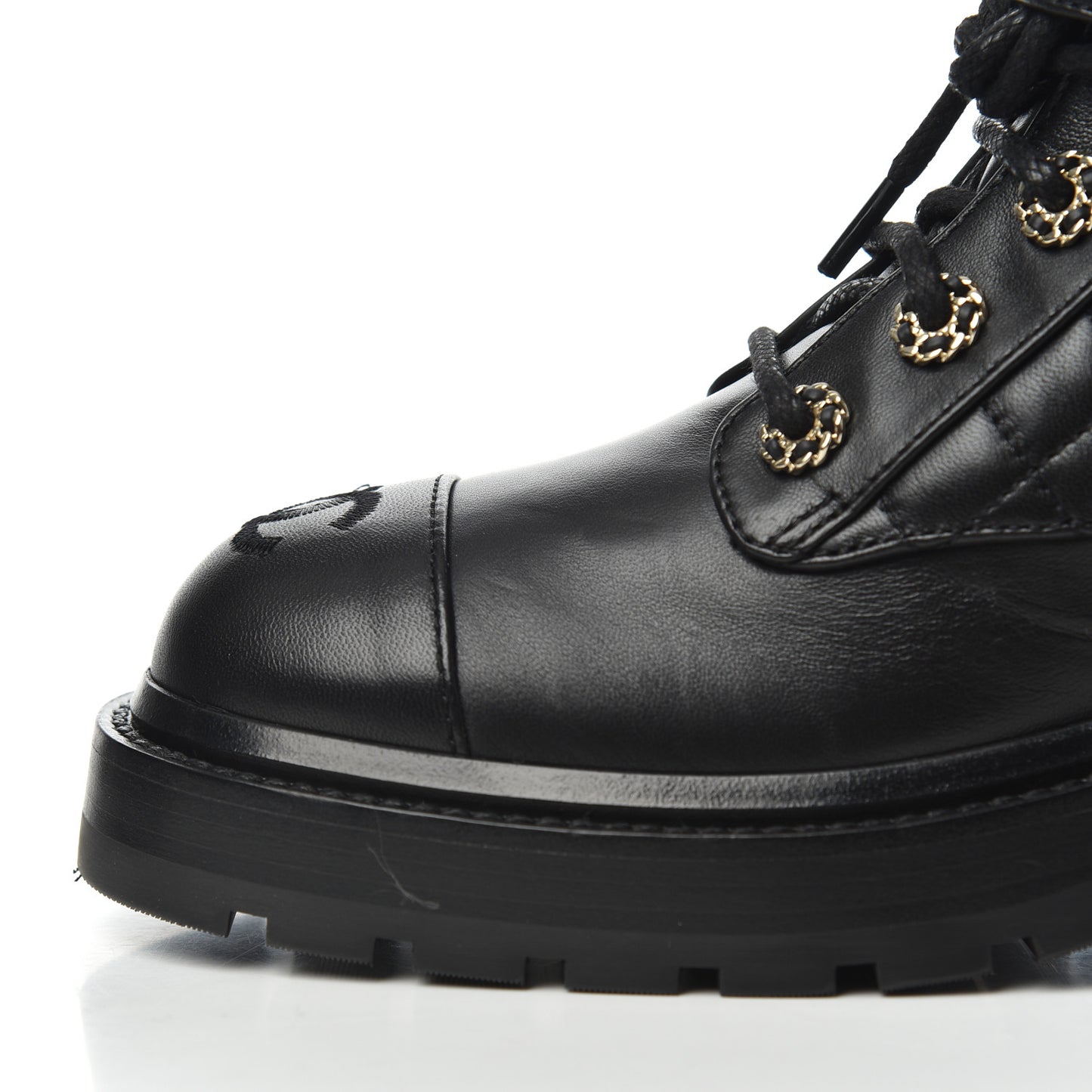 Shiny Lambskin Quilted Lace Up Combat Boots 36.5 Black