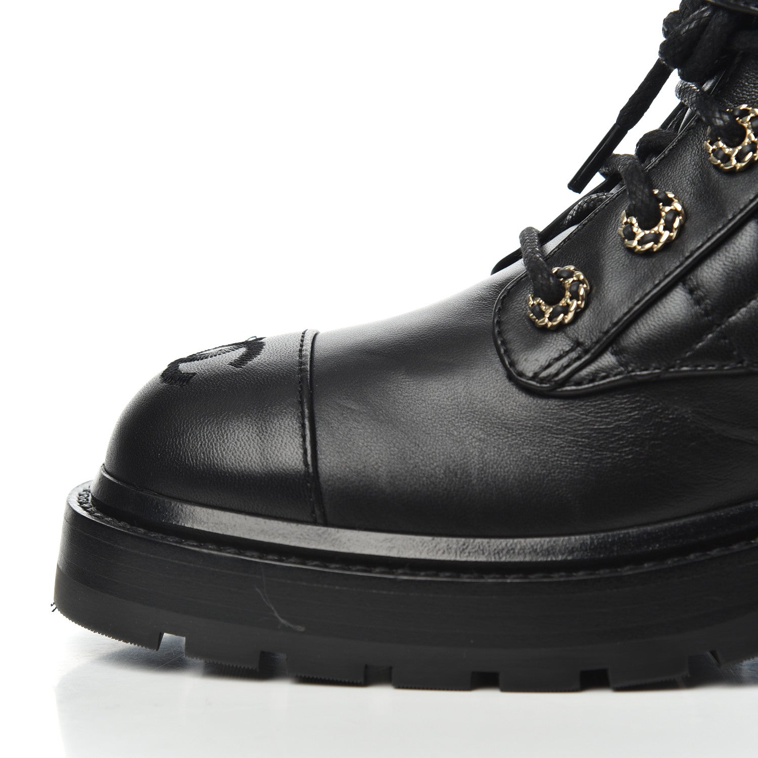Chanel Shiny Lambskin Quilted Lace Up Combat Boots 36.5 Black 13 of 17