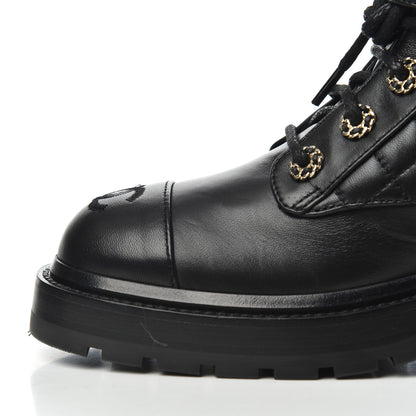 Chanel Shiny Lambskin Quilted Lace Up Combat Boots 36.5 Black 13 of 17