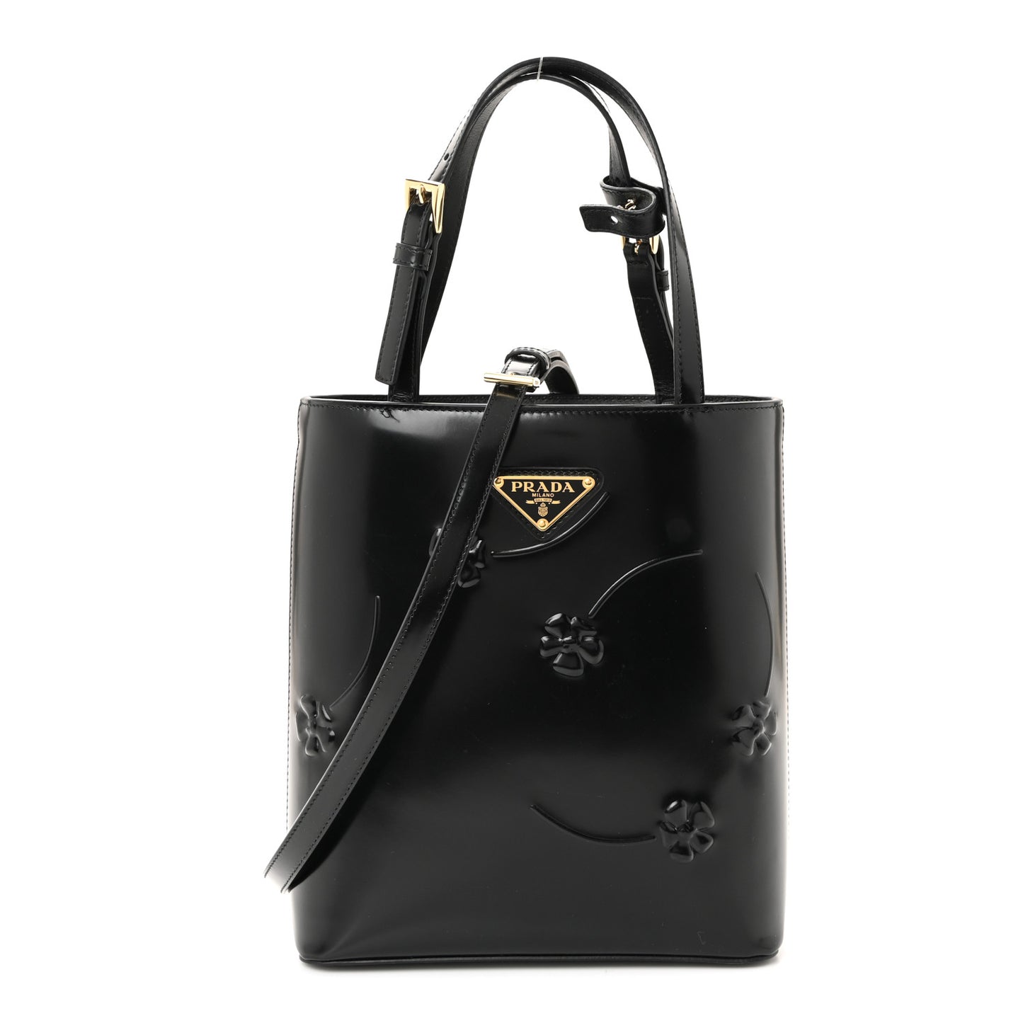 Spazzolato Floral Embossed Metal Triangle Logo Tote Black