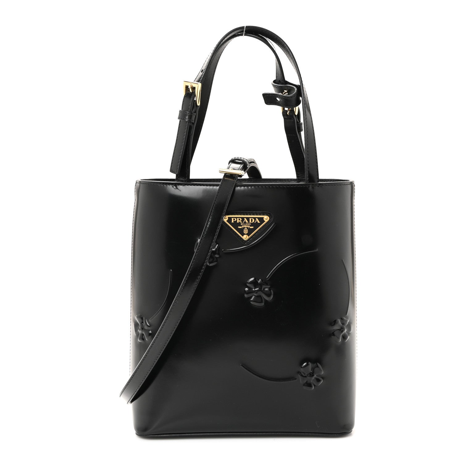 Prada Spazzolato Floral Embossed Metal Triangle Logo Tote Black 1 of 9