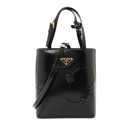Prada Spazzolato Floral Embossed Metal Triangle Logo Tote Black 1 of 9