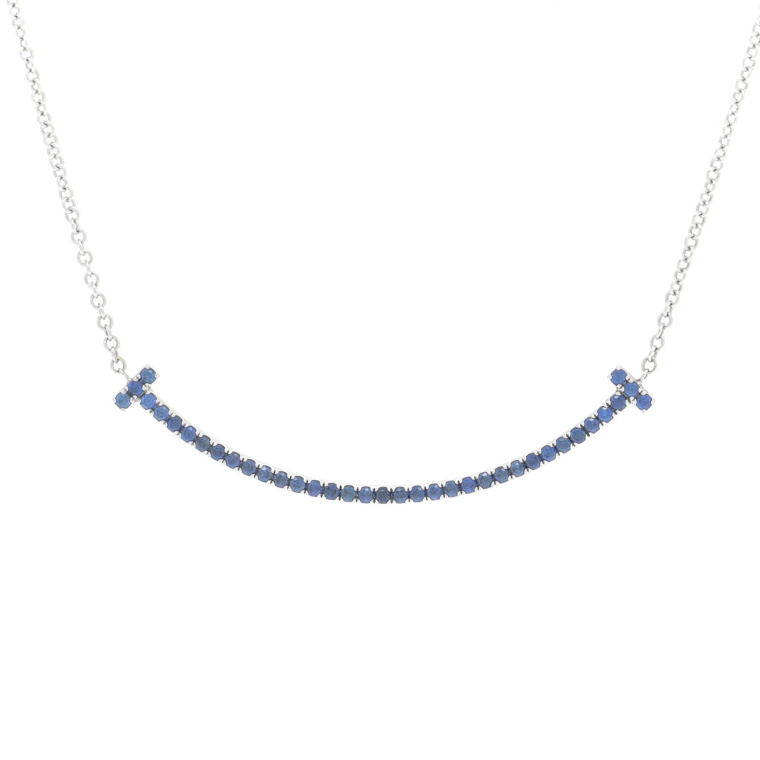Tiffany 18K White Gold Blue Sapphire Small T Smile Pendant Necklace 4 of 7