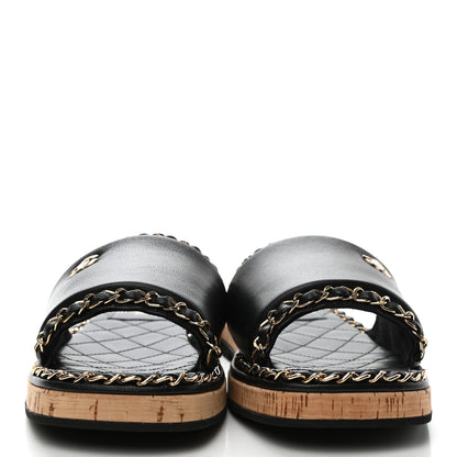 Chanel Lambskin Chain Cork Slide Sandals 36 Black 2 of 9