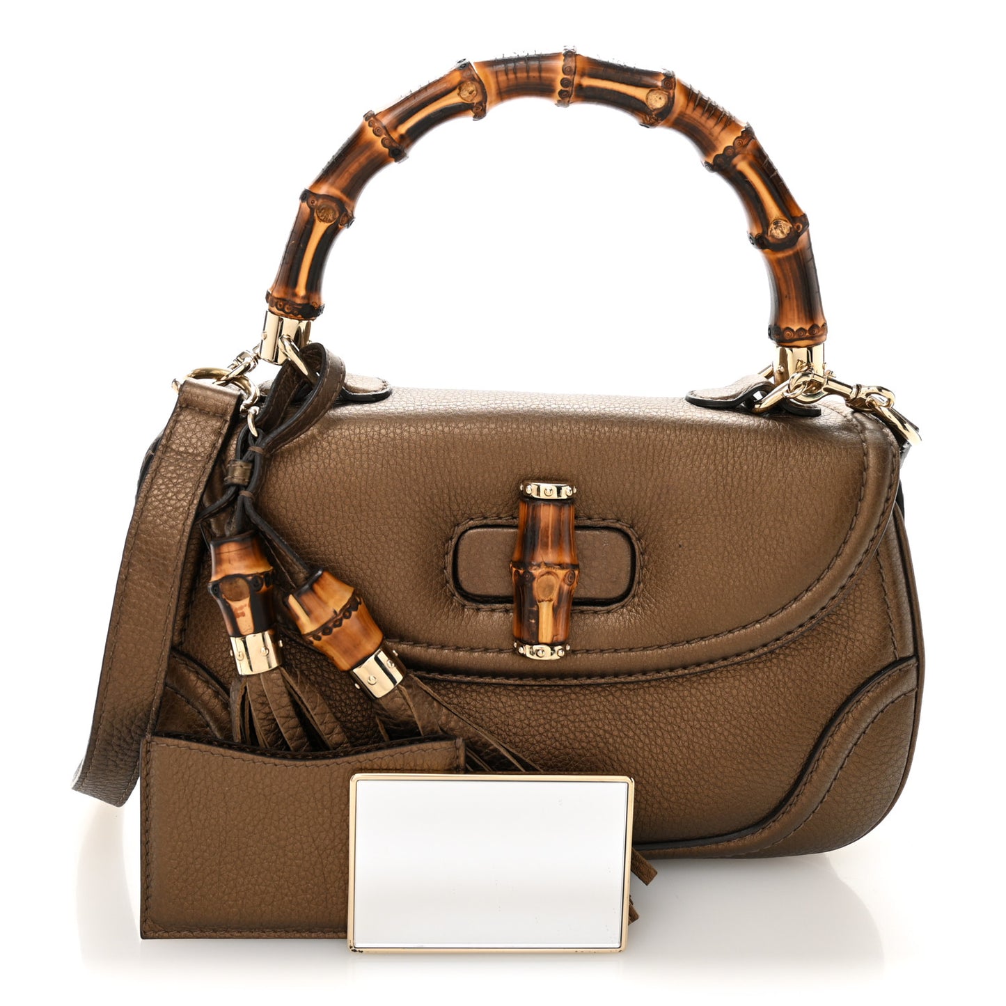 Metallic Calfskin Medium New Bamboo Top Handle Bag Bronze
