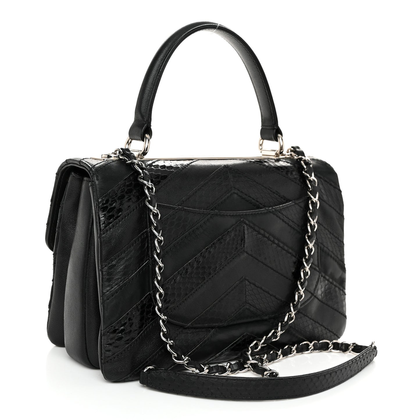 Calfskin Sheepskin Watersnake Chevron Quilted CC Small Trendy CC Dual Handle Flap Bag Black