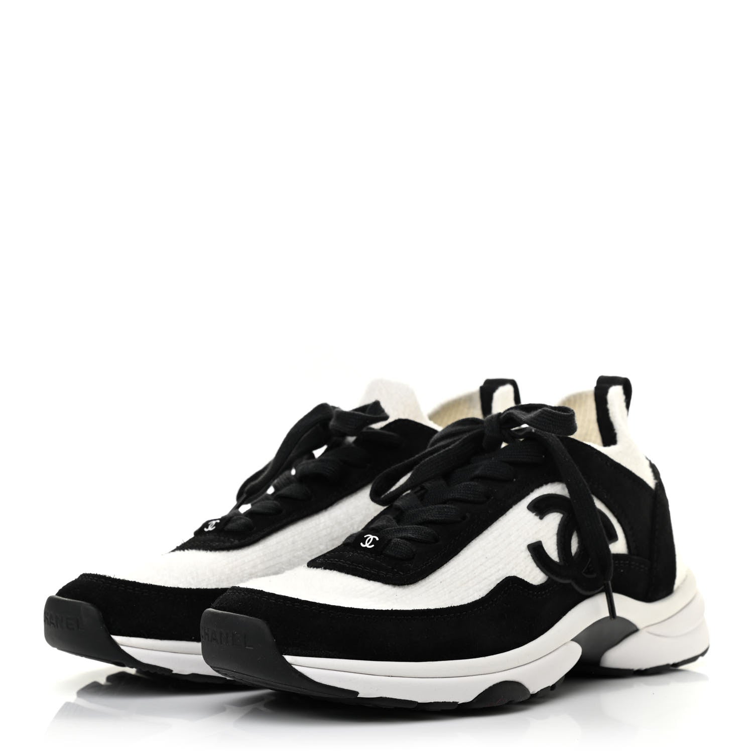Chanel Fabric Suede Calfskin CC Sneakers 38.5 White Black 3 of 7