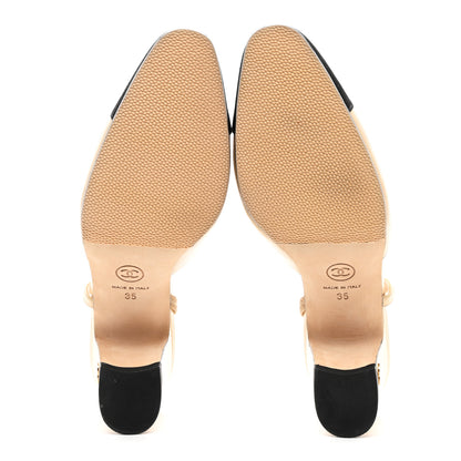Chanel Goatskin Grosgrain Cap Toe CC Slingback Pumps 35 Beige Black 5 of 10