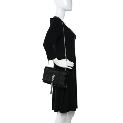 Saint Laurent Calfskin Crocodile Embossed Medium Classic Monogram Kate Tassel Satchel Black 2 of 11