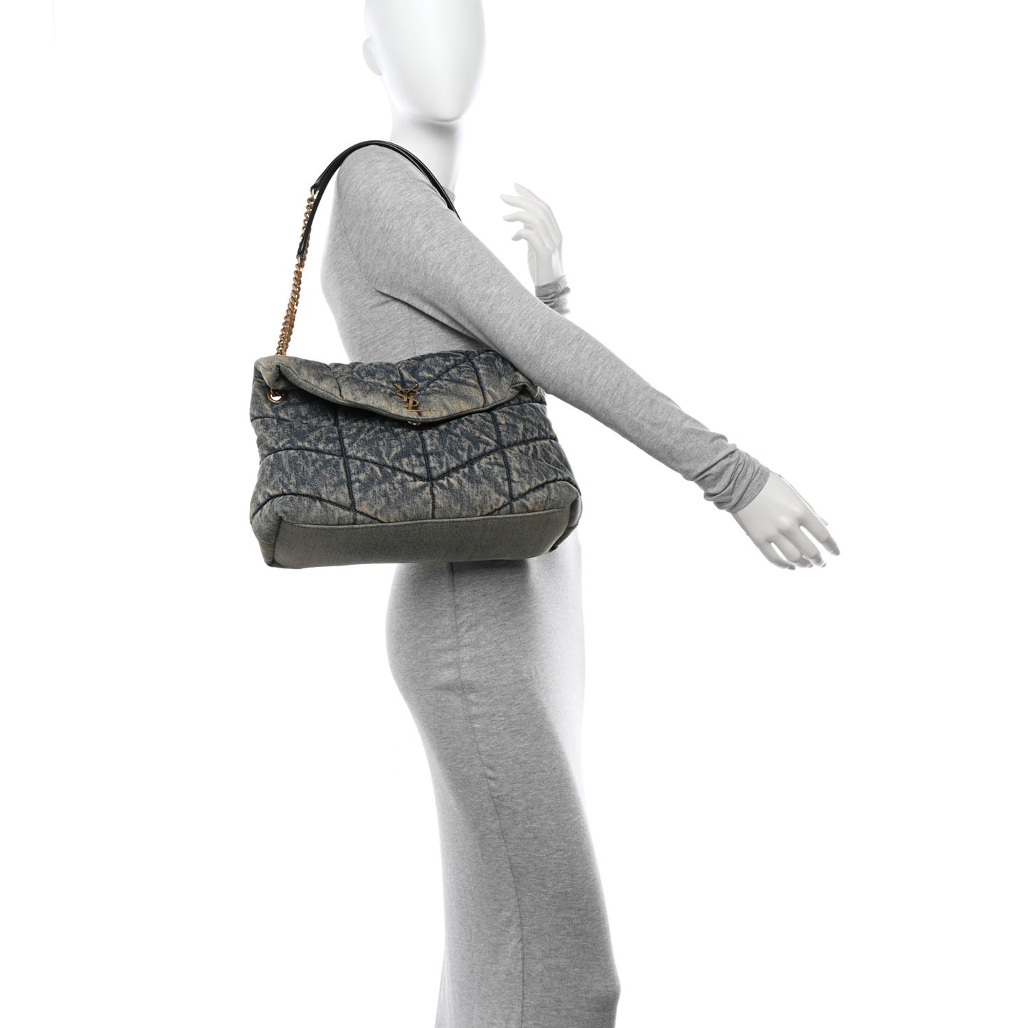 Denim Quilted Medium Loulou Puffer Monogram Chain Satchel Blue Black