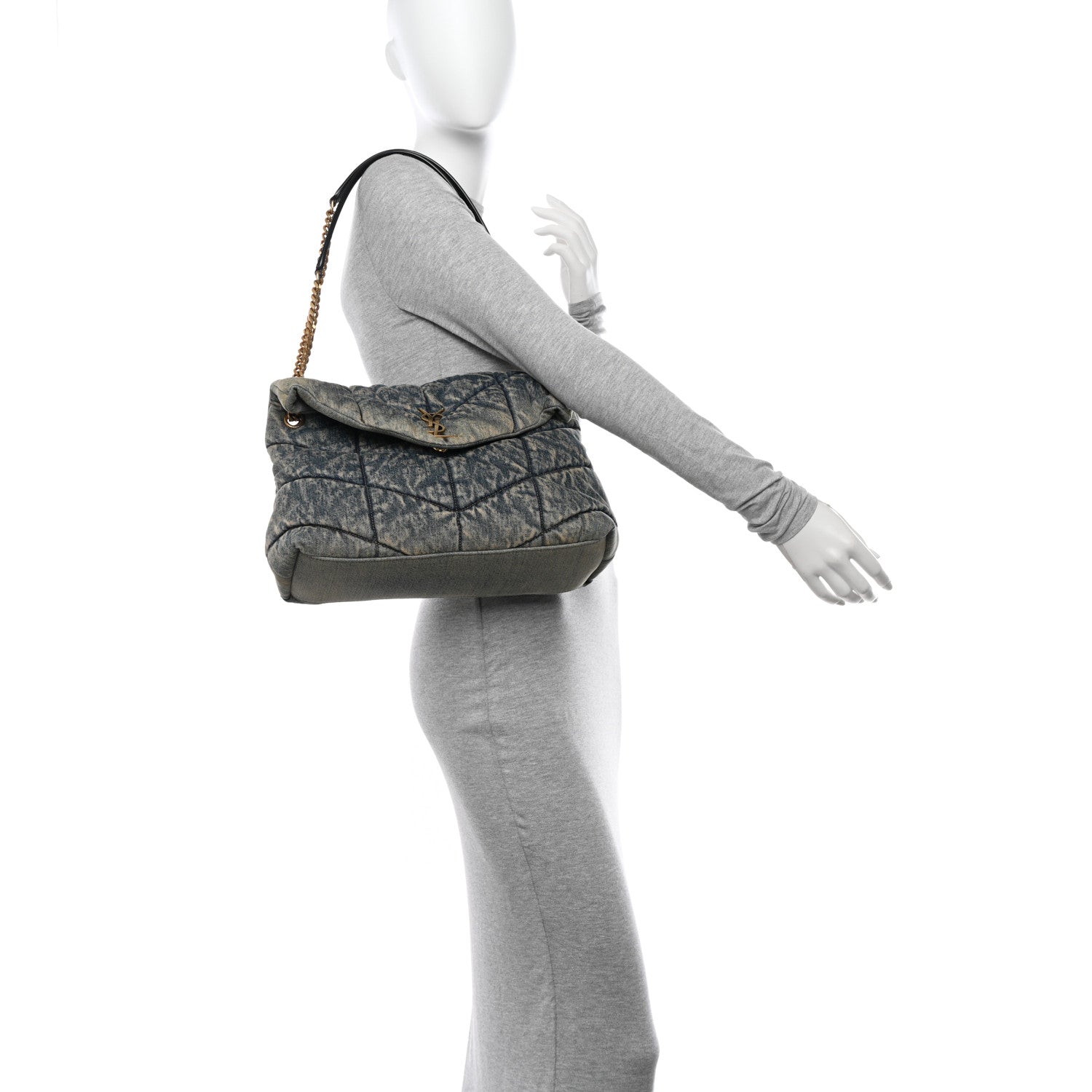 Saint Laurent Denim Quilted Medium Loulou Puffer Monogram Chain Satchel Blue Black 2 of 10