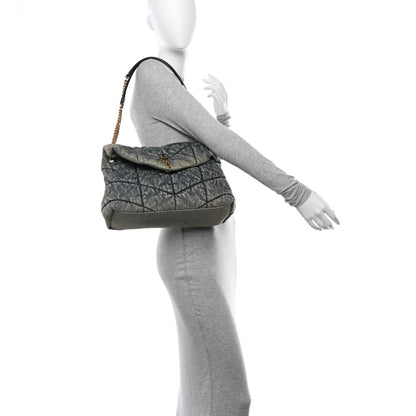 Saint Laurent Denim Quilted Medium Loulou Puffer Monogram Chain Satchel Blue Black 2 of 10