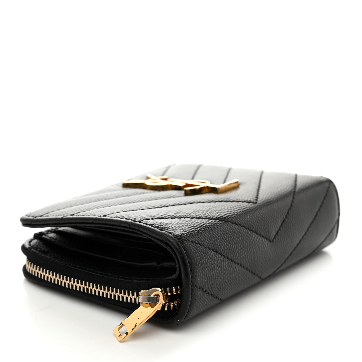Saint Laurent Grain De Poudre Matelasse Chevron Monogram Compact Zip Around Wallet Black 4 of 8