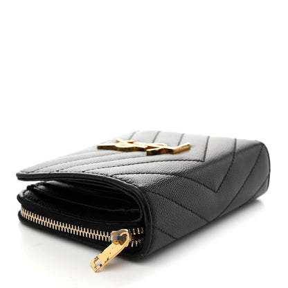 Saint Laurent Grain De Poudre Matelasse Chevron Monogram Compact Zip Around Wallet Black 4 of 8