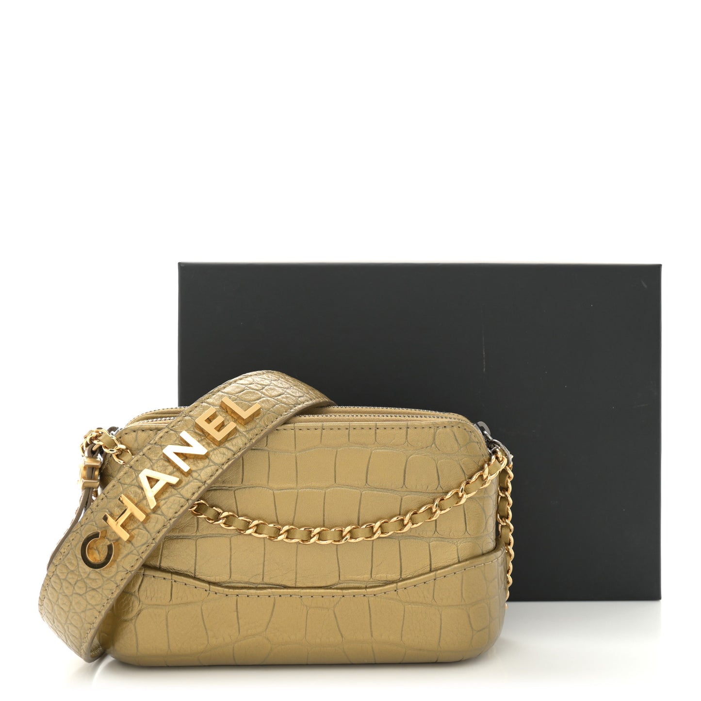 Metallic Calfskin Crocodile Embossed Small Gabrielle Clutch With Chain Gold