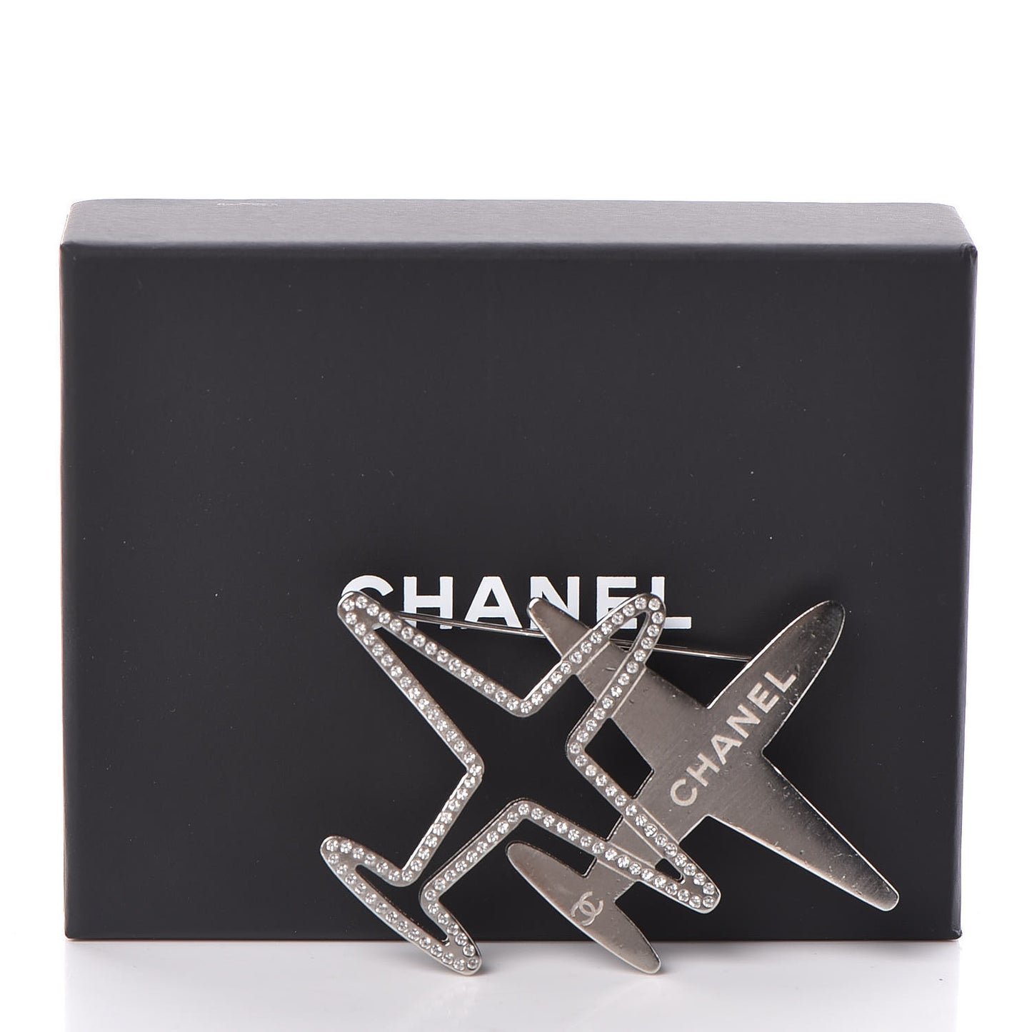 Crystal Metal CC Airplane Brooch Silver