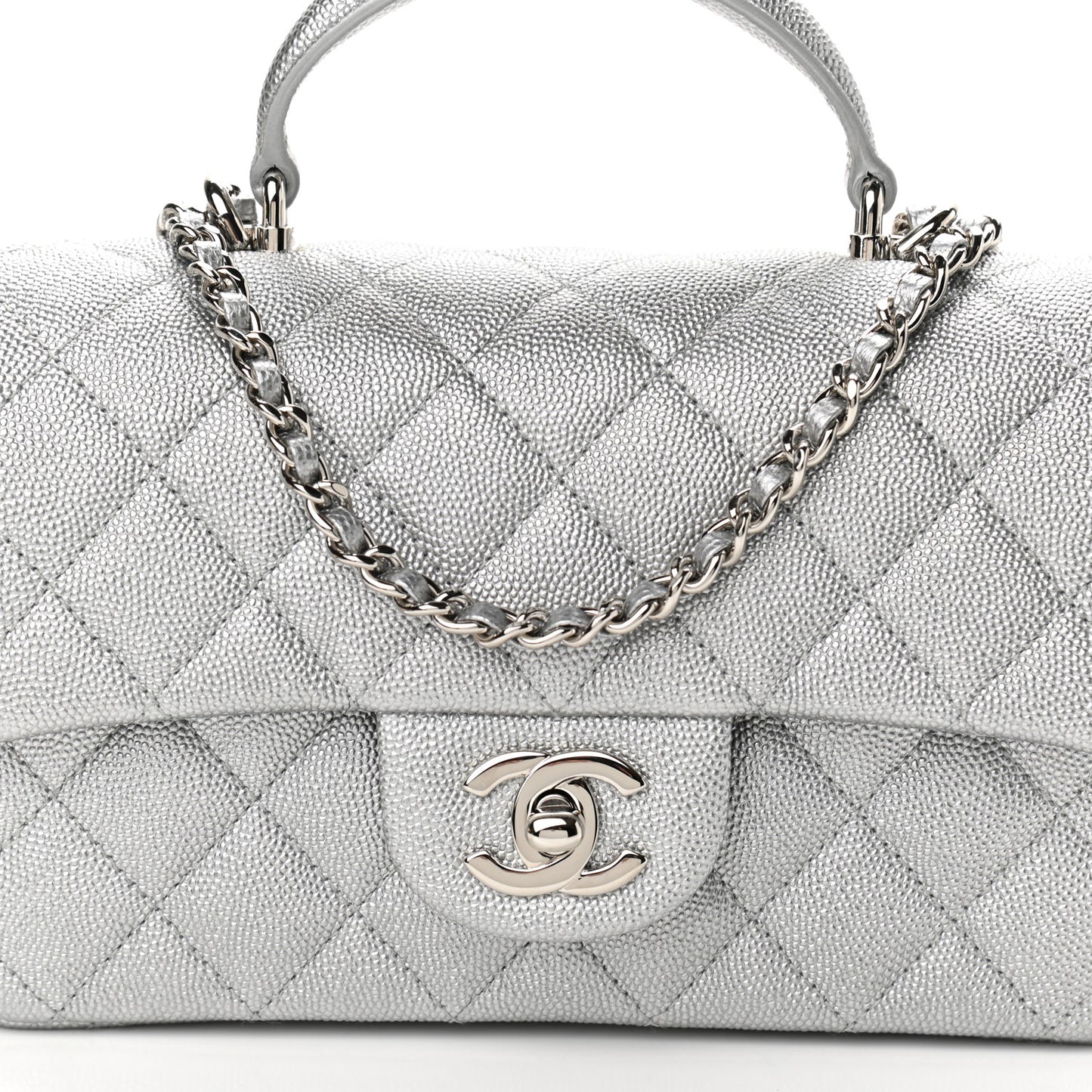 Metallic Caviar Quilted Mini Top Handle Rectangular Flap Silver