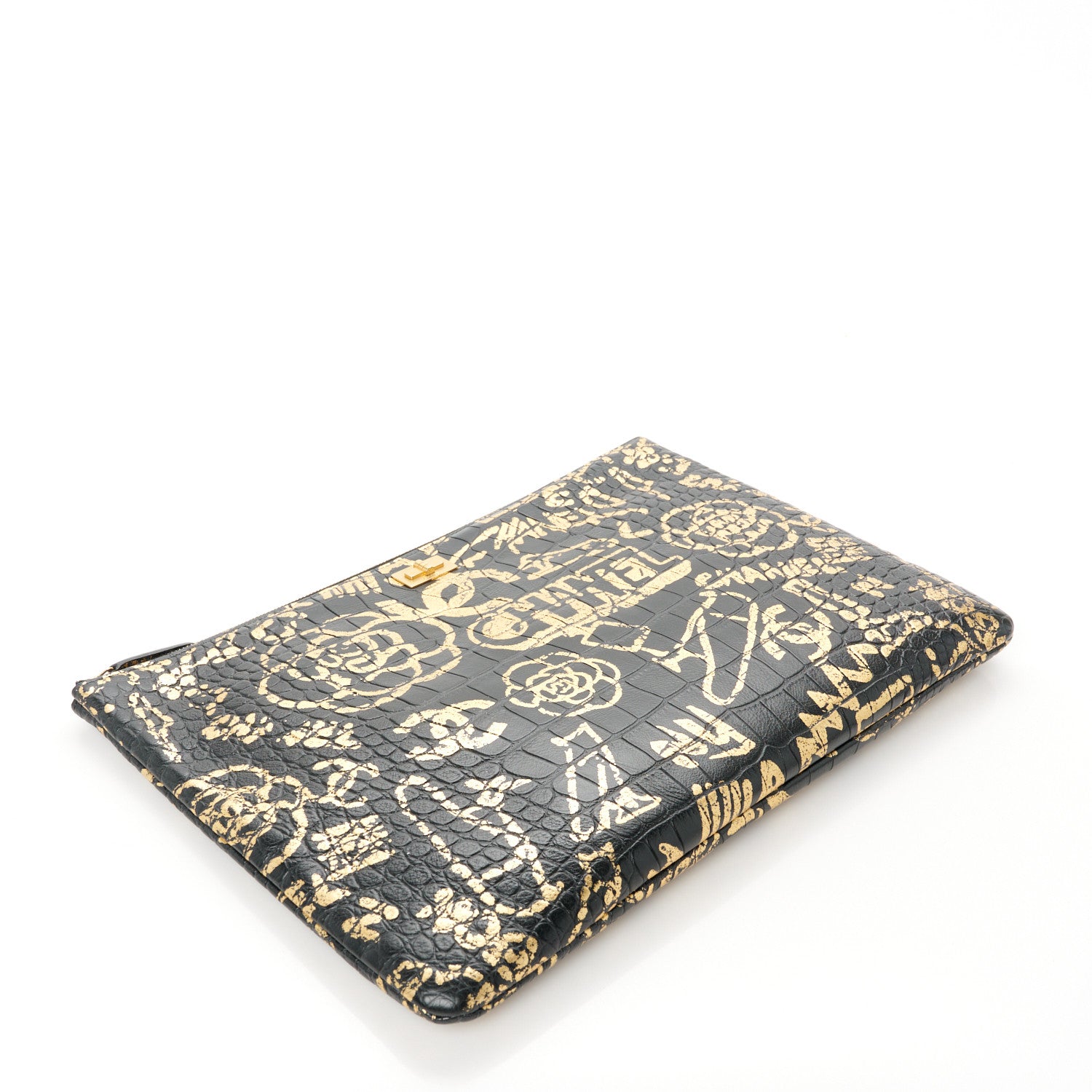 Chanel Calfskin Crocodile Embossed Graffiti 2.55 Medium Cocodile Reissue Cosmetic Case Black Gold 4 of 9