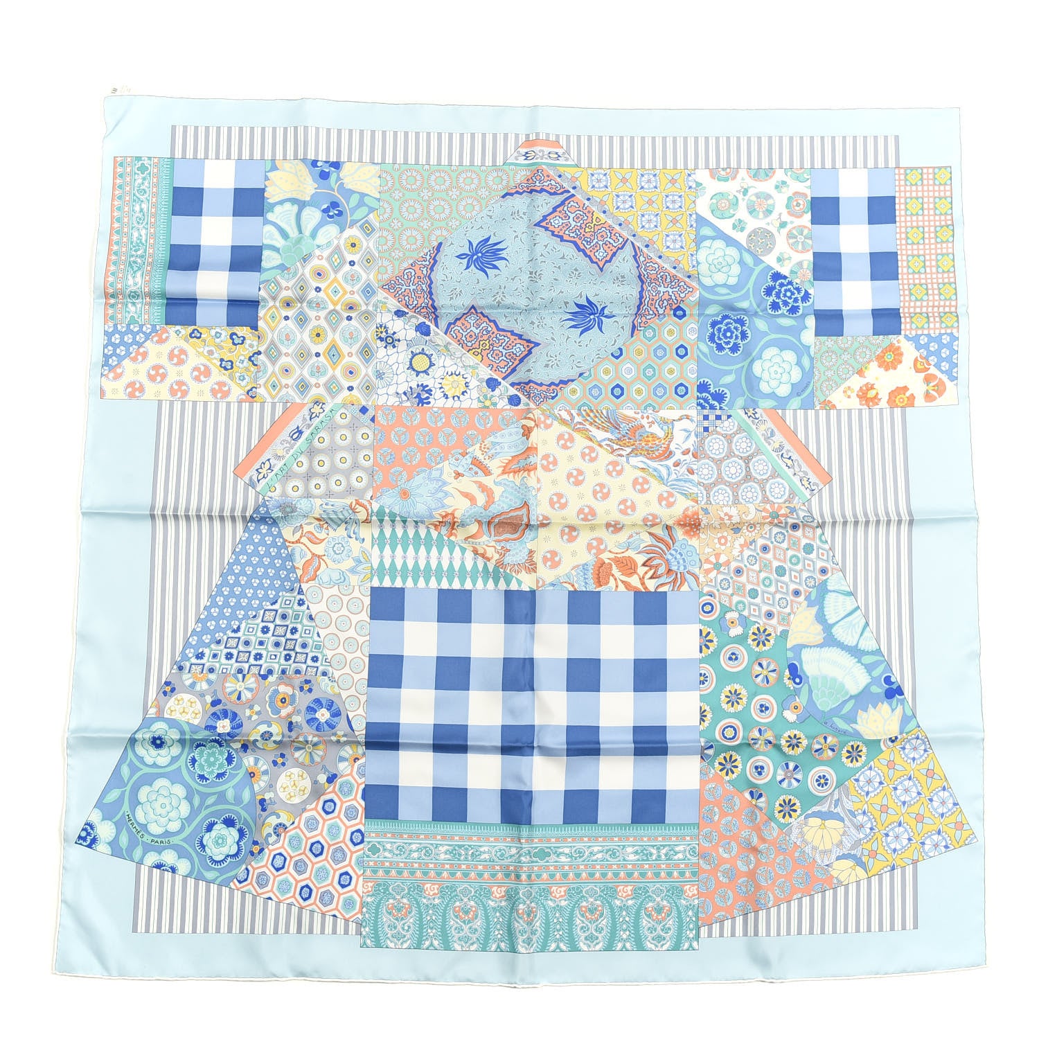 Hermes Silk L'Art du Sarasa Scarf 90 Ciel Turquoise Corail 1 of 5