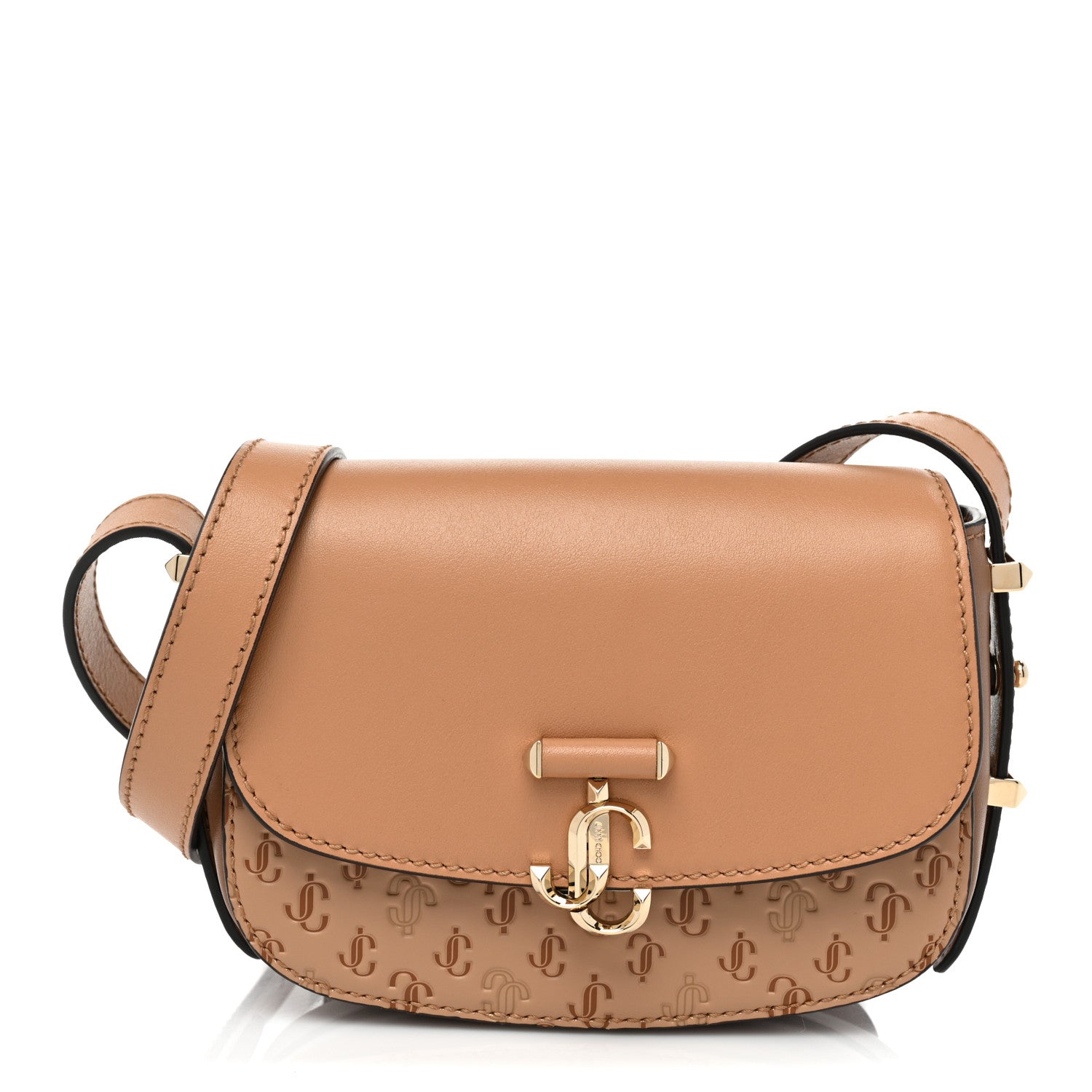 Jimmy Choo Calfskin Small Varenne Logo Embossed Shoulder Bag Caramel 1 of 9