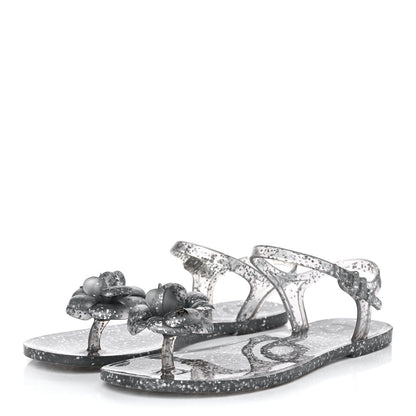 Chanel Jelly Camellia Glitter Thong Sandals 38 Grey 3 of 8