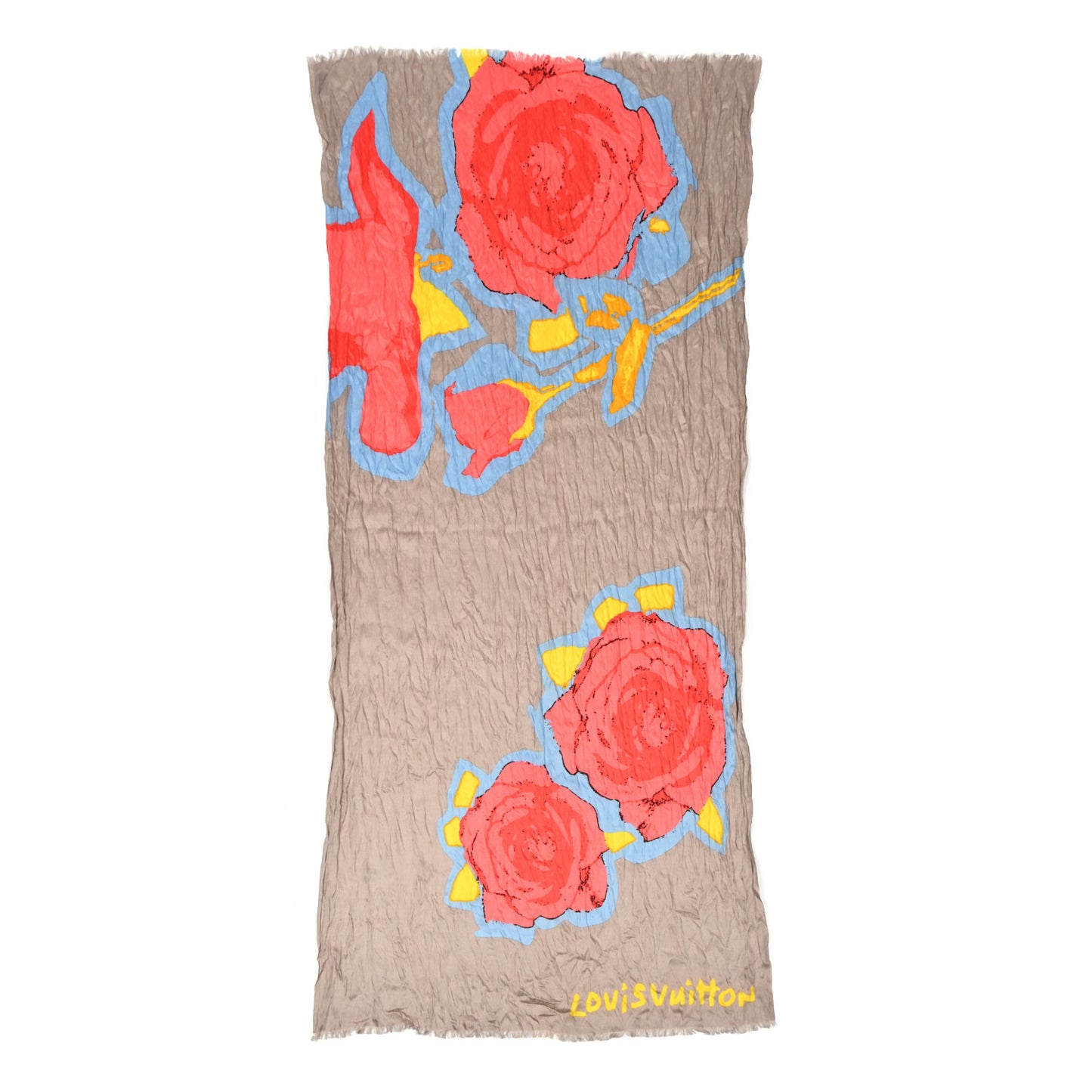 LOUIS VUITTON Monogram Silk Wool Roses Stole Beige