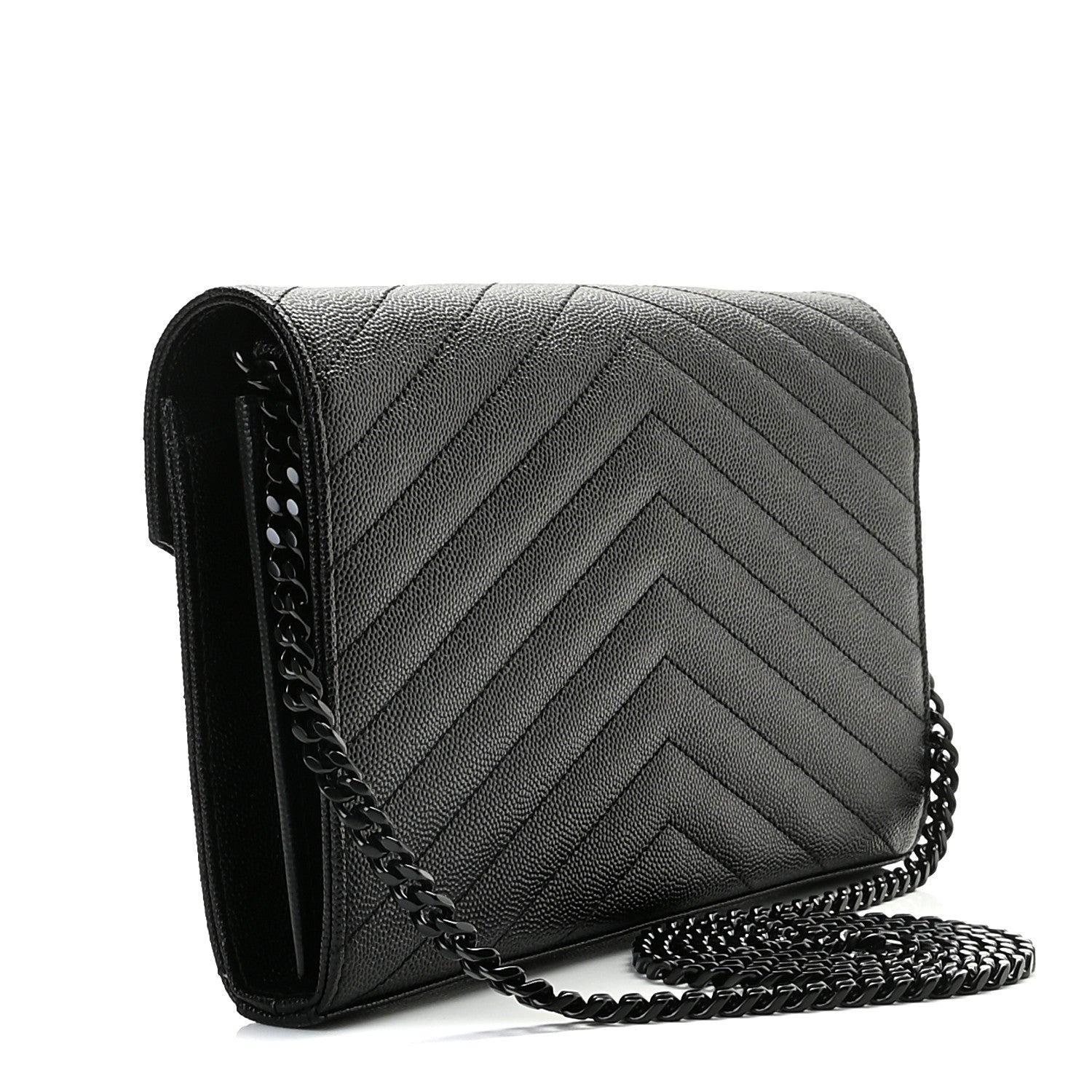 Saint Laurent Grain De Poudre Matelasse Chevron Monogram Chain Wallet Black 3 of 10