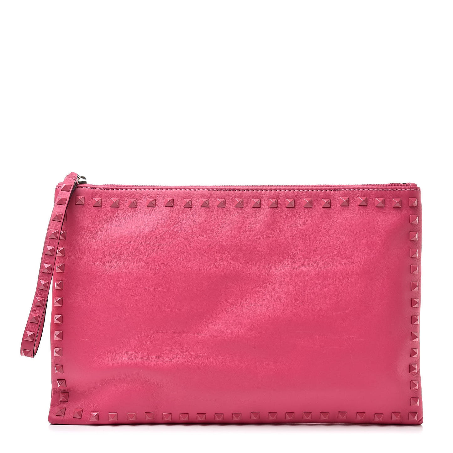 Vitello Monochrome Large Rockstud Zip Wristlet Pouch Pop Fuxia