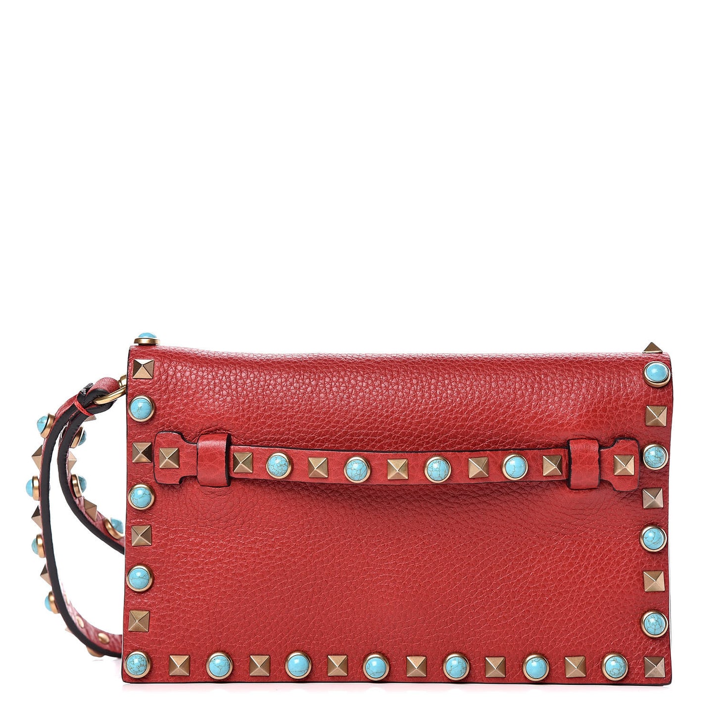 Grained Calfskin Turquoise Small Rockstud Rolling Wristlet Clutch Rosso Valentino