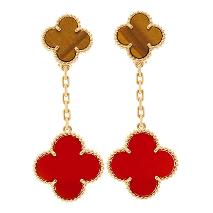Van Cleef & Arpels 18K Yellow Gold Tiger Eye Carnelian 2 Motifs Magic Alhambra Earrings 1 of 5