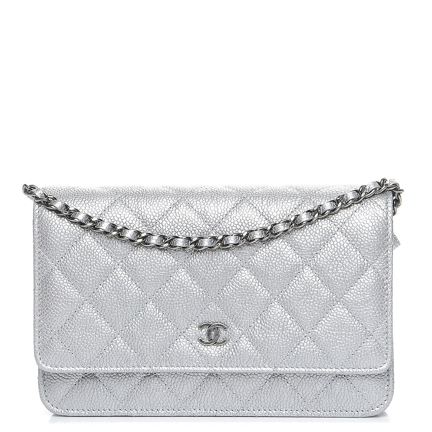 Metallic Caviar Quilted Wallet on Chain WOC Silver