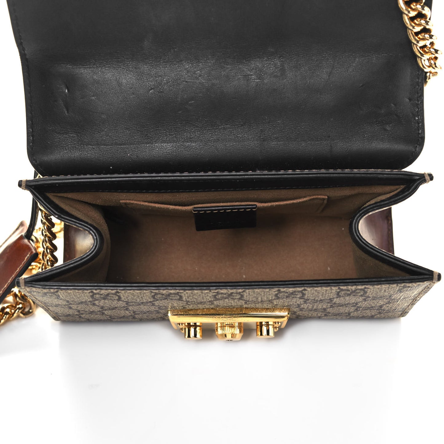 GG Supreme Monogram Calfskin Small Padlock Shoulder Bag Beige Black Cuir