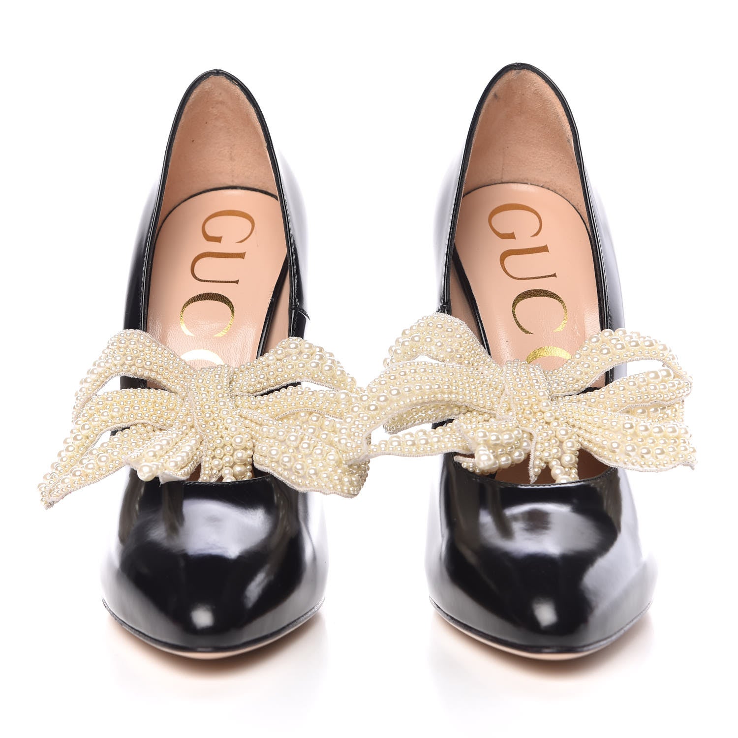 Gucci Polished Calfskin Removable Pearly Bow Elaisa Platform High Heel Pumps 37.5 Black 2 of 13