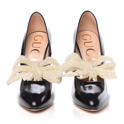 Gucci Polished Calfskin Removable Pearly Bow Elaisa Platform High Heel Pumps 37.5 Black 2 of 13