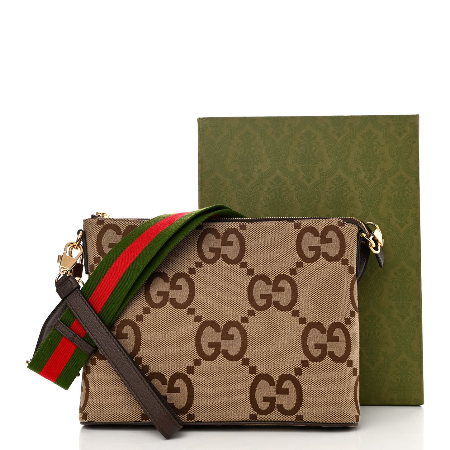 Monogram Jumbo GG Textured Dollar Calfskin Web Wristlet Messenger Bag Camel Ebony New Acero