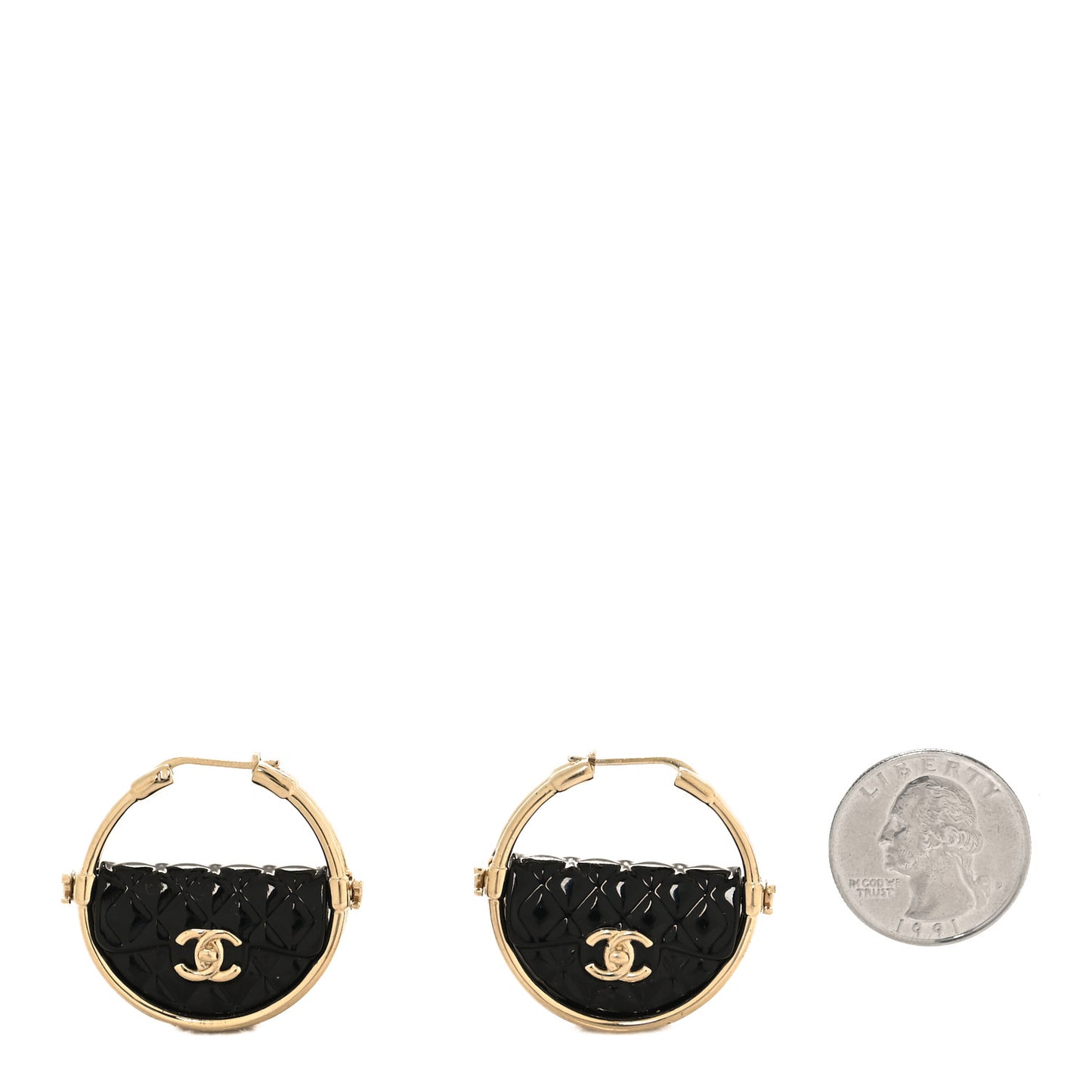 Metal Resin Quilted Flap Bag Hoop Earrings Black Gold