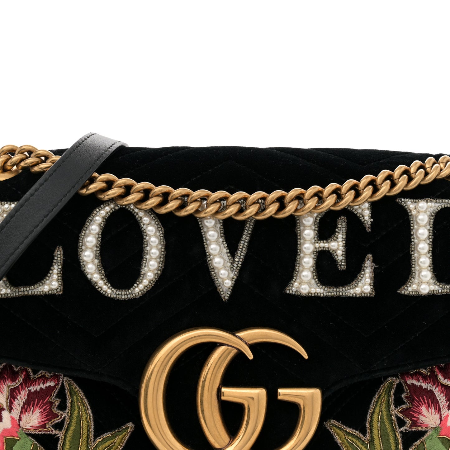 Velvet Matelasse Loved Embroidered Medium GG Marmont Shoulder Bag Black