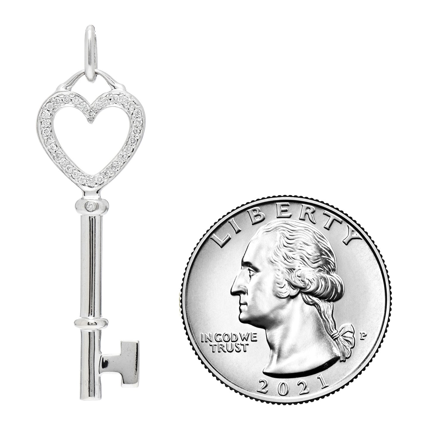 18K White Gold Diamond Mini Heart Key Pendant