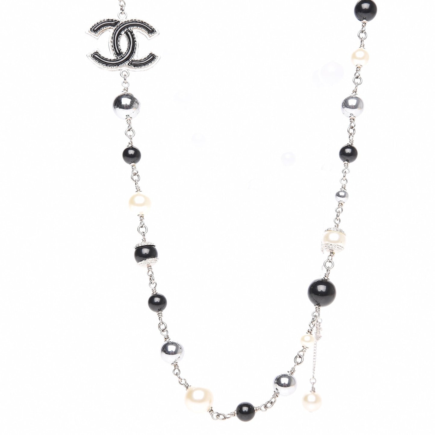 Pearl Beaded CC Long Necklace Black